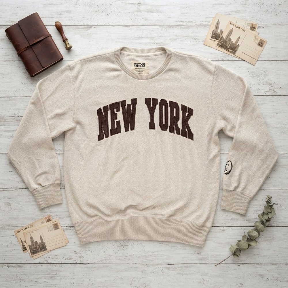 New York Popular Mens Large Oatmeal Crewneck Sweatshirt Brown Graphic Pullover